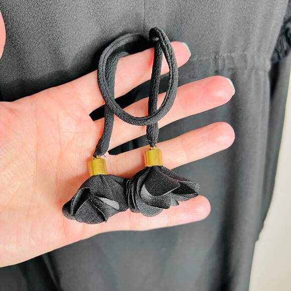 Sisley Shift Dress Medium Black Peasant Long Sleeve Fringe Versatile Knee Length - Picture 8 of 9